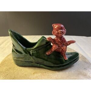 MCM Ceramic Pink Elf on A Green Boot Planter Pixie Planter Excellent Condition